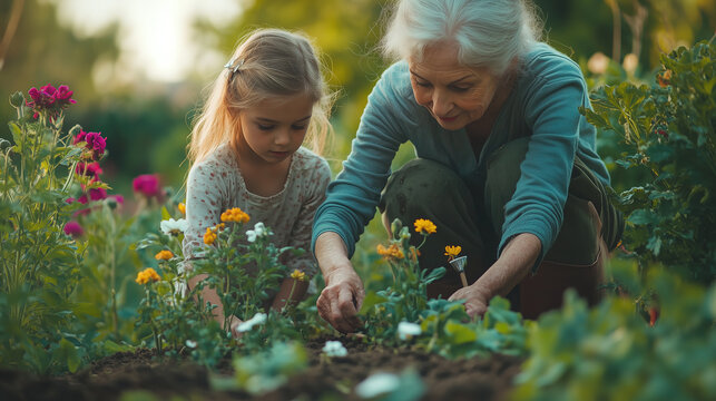 A little granddaughter and her grandmother plant flowers in the spring garden. - Powered by Adobe