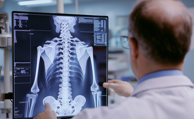 Doctor analyzing a spine X-ray on a digital monitor in a medical office for diagnosis.