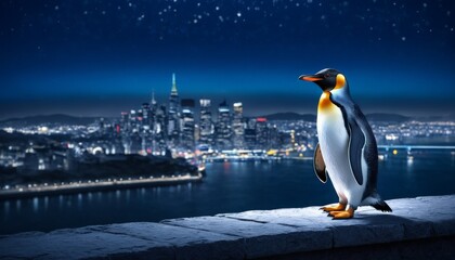 A striking image of a penguin standing on a ledge overlooking a cityscape illuminated at night. The scene blends wildlife with urban elements, creating a unique juxtaposition of natural and modern