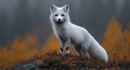 Fototapeta premium Cinematic Arctic Fox on Hill Overlooking Autumn Forest with Mist - AI generated illustration