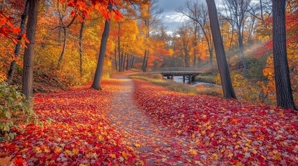 Fototapeta premium Winding path leading through vibrant red and orange autumn forest