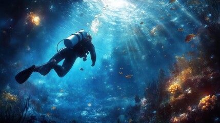 Diver discovering treasures in a deep-sea environment, deep-sea adventure, underwater exploration