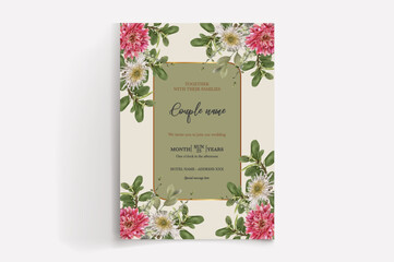 WEDDING INVITATION FRAME WITH FLOWER DECORATIONS WITH FRESH LEAVES