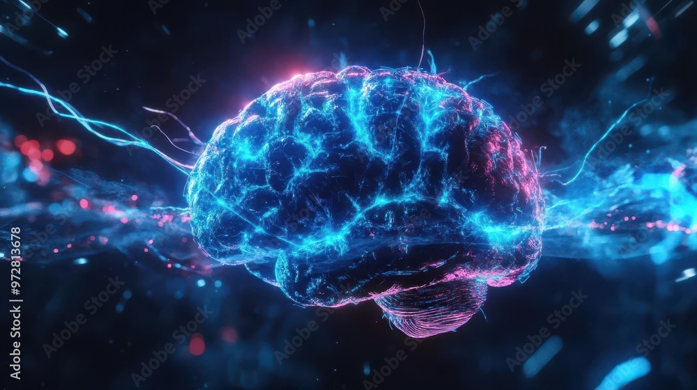 Poster cybernetic brain implant merging with organic neural networks pulsating with electric blue energy re