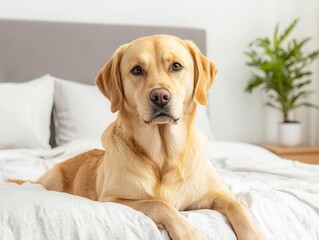 Family dog sitting on the freshly made bed while someone fluffs the pillows, symbolizing warmth and home life Bed making with pet, Cozy home