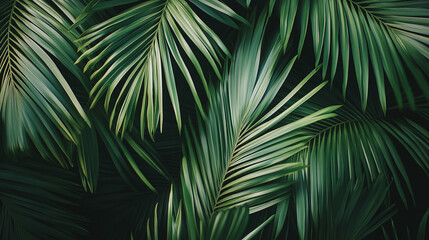 Close-up of lush green tropical palm leaves with dramatic lighting and shadow contrast.
