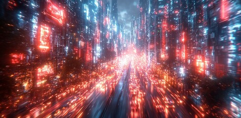 Fototapeta premium Futuristic Cityscape with High-Speed Data Transfer Lines in Red and Blue - AI generated illustration