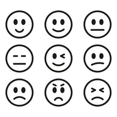 Emoticons set. Emoji faces collection. Emojis flat style. Happy and sad emoji. Line smiley vector icon.