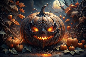 * Dark orange and black Halloween themed digital art with intricate details