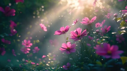 Fototapeta premium Pink cosmos flowers in a field of green, with sunlight shining through the leaves, creating a magical atmosphere.