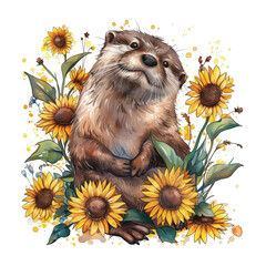 A playful otter rolls in a field of sunflowers with a dark background.

