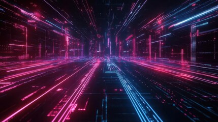 Fototapeta premium cyberpunkinspired digital landscape glowing neon grid lines intersecting across a dark void creating a sense of infinite technological space