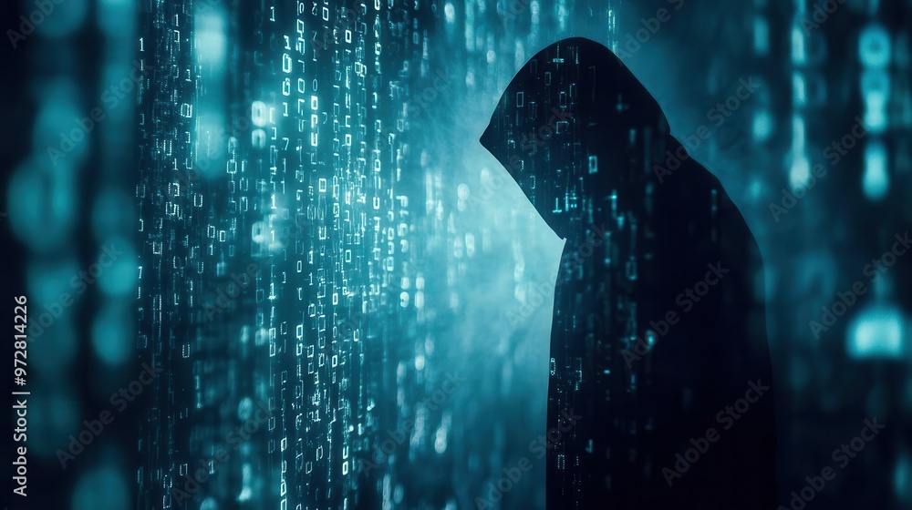 Aufkleber cybersecurity threat silhouette of hooded figure emerging from binary code background glowing circui