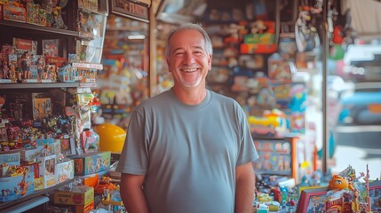 Smiling man in a vibrant toy shop.