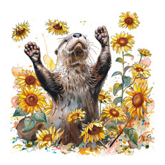 A playful otter rolls in a field of sunflowers with a dark background.

