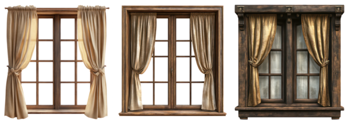 Curtains with Tassel Trim on Wooden Window Frame, Elegant Home Interior Décor Drapes, Isolated on Transparent Background