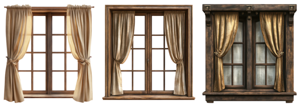 Curtains with Tassel Trim on Wooden Window Frame, Elegant Home Interior Décor Drapes, Isolated on Transparent Background