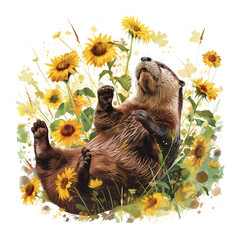 A playful otter rolls in a field of sunflowers with a dark background.
