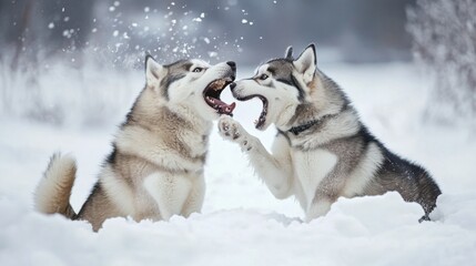 Naklejka premium Two Siberian Huskies playing together in the snow, playfully biting and jumping around, full of life and energy