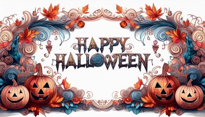 A festive Halloween design featuring carved pumpkins, colorful leaves, and ornate decorations to celebrate the spooky season.