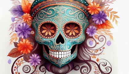 A vibrant decorative skull adorned with flowers, showcasing intricate patterns and cultural significance.