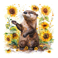 A playful otter rolls in a field of sunflowers with a dark background.
