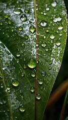 Close-Up of Rain-Kissed Greenery Capturing the Beauty of Water Droplets on a Vibrant Jungle Leaf
