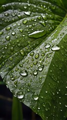Close-Up of Rain-Kissed Greenery Capturing the Beauty of Water Droplets on a Vibrant Jungle Leaf