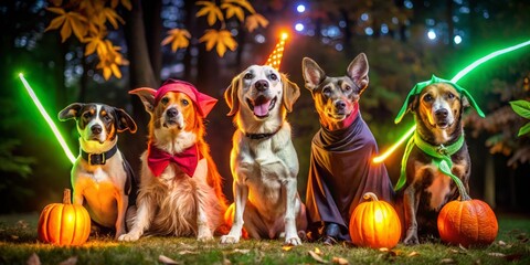 Naklejka premium • energetic dynamic dogs in halloween costumes playing with glow sticks and lanterns