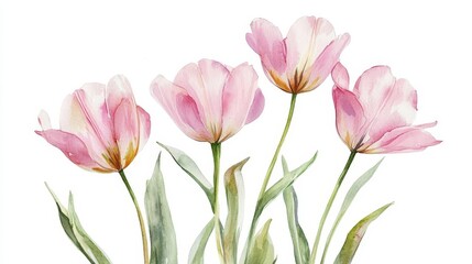 Naklejka premium delicate watercolor painting of pink tulip flowers isolated on white background vintage floral art