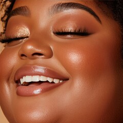 Obraz premium A close-up of a plus-sized woman's face, smiling and wearing natural makeup, showcasing beauty in all forms