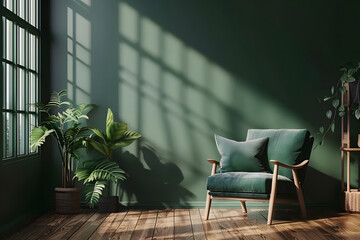 Bright and cozy modern living room interior have sofa and plant with white plaster wall. Generative Ai.