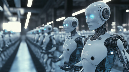 Fototapeta premium Futuristic robots working in an assembly line in a high-tech factory environment.