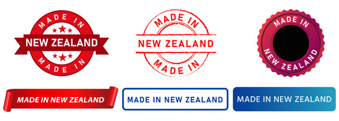 Obraz premium Made in New Zealand manufacturing product stamp colorful badge export production advertising design set collection emblem