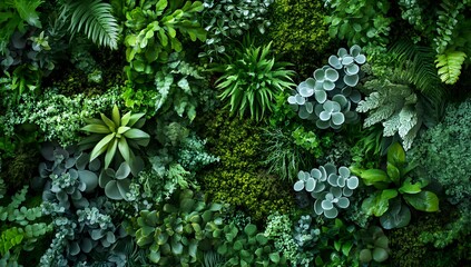 A close-up image of a lush green wall made up of various types of plants.