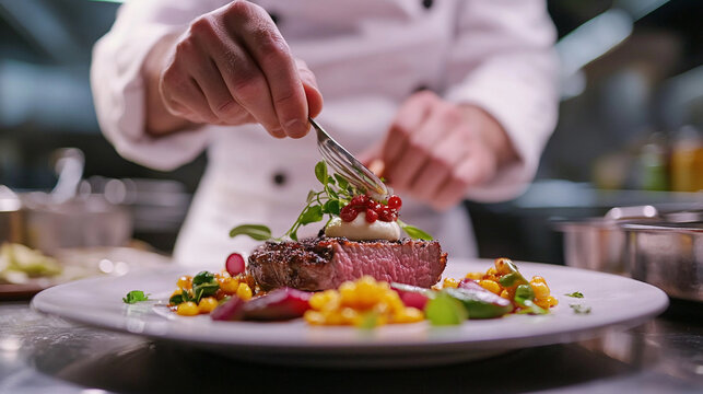 Haute cuisine. The chef prepares an exquisite dish in restaurant kitchen.