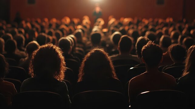 diverse audience viewed from behind in dimly lit auditorium spotlight on distant speaker rows of attentive listeners creating sense of unity and shared knowledge