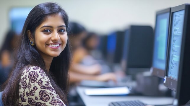 diverse college classroom south asian female student applying it skills education stock photo