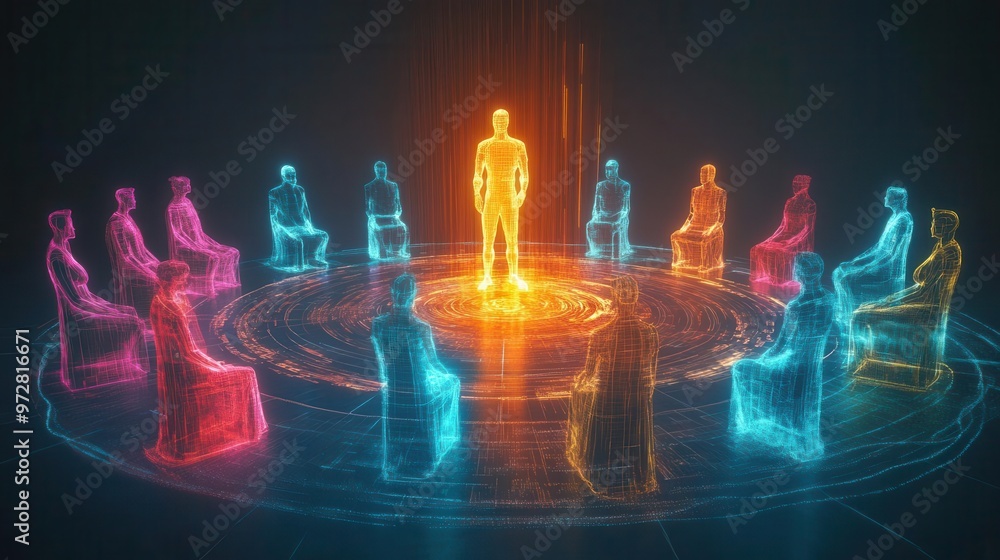 Poster diverse group of holographic avatars seated around a circular glowing data table each figure radiate