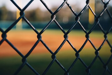 Fototapeta premium Close-up view of a chain link fence surrounding a baseball field during a sunny afternoon