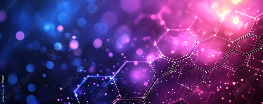 Poster abstract purple and blue gradient background featuring hexagon shapes and bokeh light effects for di
