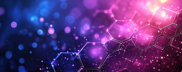 Abstract purple and blue gradient background featuring hexagon shapes and bokeh light effects for digital creativity and technology themes