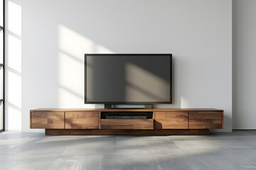Cabinet tv in modern empty room. Generative Ai.