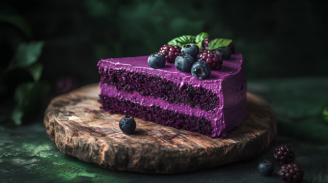 Close-up of purple berry cake slice on a worn wooden board with soft natural light and dark green background

