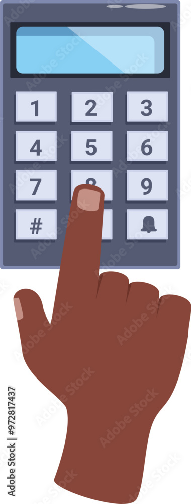 Poster hand pressing a button on a security keypad with number buttons