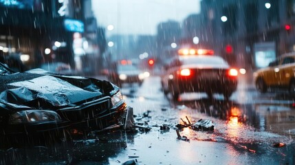 Obraz premium dramatic car collision scene on rainslicked urban street crumpled metal shattered glass flashing emergency lights illuminate the chaos sense of urgency and danger