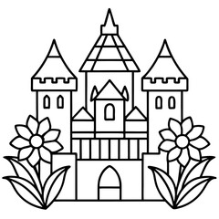 Fototapeta premium castle with flowers outline coloring book page line art drawing
