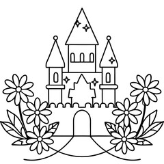 castle with flowers outline coloring book page line art drawing