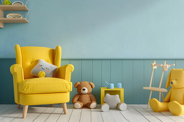 Children's room with yellow armchair soft toys on transparent background.3d rendering 3D render mockup. Generative Ai.