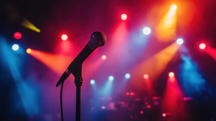 Obraz premium dramatic concert stage with vibrant spotlights and colored lights silhouette of microphone in foreground expectant crowd visible atmospheric